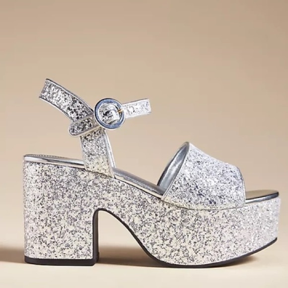 Larroudé Miso Platform Strap Sandals Glitter Silver | Size 8 - Picture 2 of 9